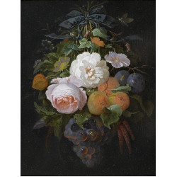 Composition with suspended flowers grapes and plums Composition with suspended flowers grapes and plums