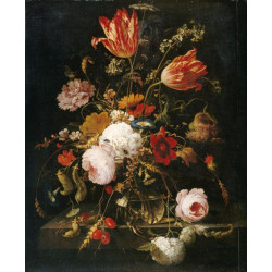 Flowers in a glass vase on a stone ledge Flowers in a glass vase on a stone ledge