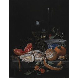 Oysters fruit and a wineglass on a stone table Oysters fruit and a wineglass on a stone table