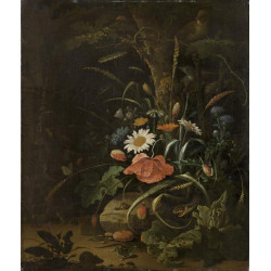 Still life of wild flowers at the foot of an oak tree in front of a grotto Still life of wild flowers at the foot of an oak tree in front of a grotto