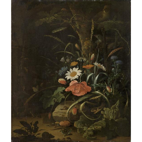 Still life of wild flowers at the foot of an oak tree in front of a grotto