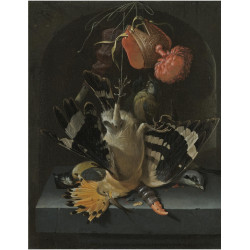 Still life with a hoopoe a great tit a falconry hood and a decoy whistle all arranged with... Still life with a hoopoe a great tit a falconry hood and a decoy whistle all arranged with...