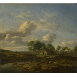 A landscape with a farm by a stream A landscape with a farm by a stream