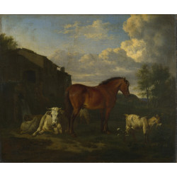 Animals near a building Animals near a building