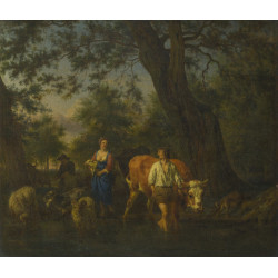 Peasants with cattle fording a stream Peasants with cattle fording a stream