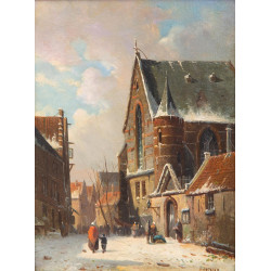 Villagers in a snow covered street near the church