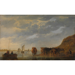 A herdsman with five cows by a river