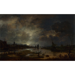 A river near a town by moonlight A river near a town by moonlight