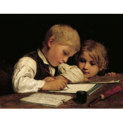 A boy writing schreibender knabe mit schwesterchen
