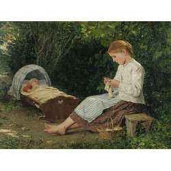 Knitting girl watching the toddler in a craddle