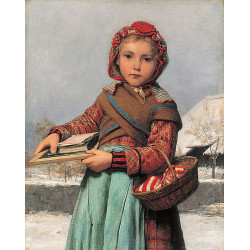 Schulmaedchen mit schiefertafel und naehkuerbchen 1878