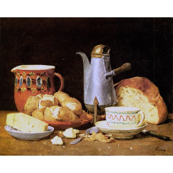 Still life with coffee bread and potatoes