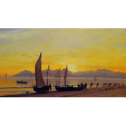 Boats ashore at sunset