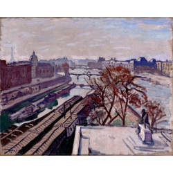 View of the seine and the monument to henry iv