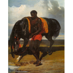 Africain tenant un cheval au bord d une mer