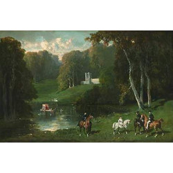 Cavaliers et amazones au bord d un lac