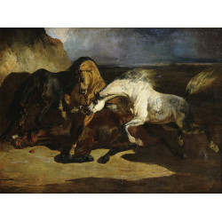 Stallions fighting in a stormy landscape