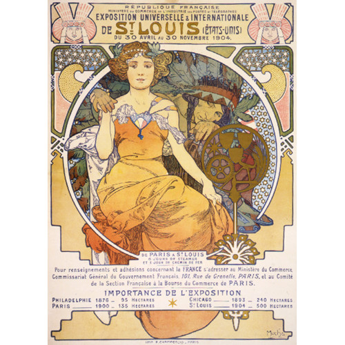 Art nouveau color lithograph poster showing a seated woman clasping the hand of a native 1903