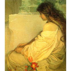 Girl with loose hair and tulips 1920