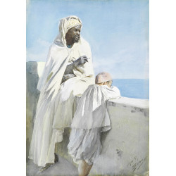 An algerian man and boy looking across bay of algiers