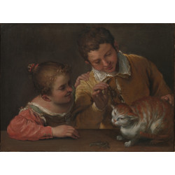 Two children teasing a cat