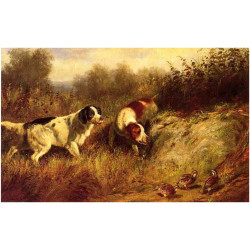 A close point dogs with birds in landscape