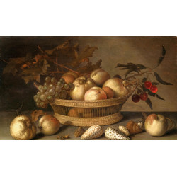 A basket with cherries apples peaches and a bunch of grapes surrounded by apples peaches s...
