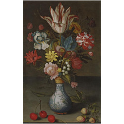A semper augustus tulip and other flowers in a wan li gilt mounted vase on a stone ledge...