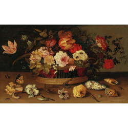 A wicker basket with flowers and shells on a stone ledge