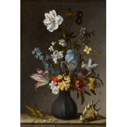 Flowers in a vase on a stone ledge with a sea shell and a grasshopper