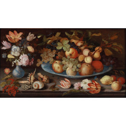 Flowers in a wan li vase fruit on a wan