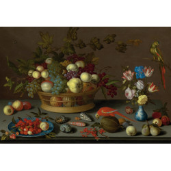 Large still life with fruit on a delft plate seashells insects flowers in a wanli vase and...