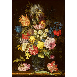 Still life of flowers in a glass beaker on a stone ledge together with insects and a lizar...
