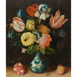 Still life with tulips roses and carnations in a wan li porcelain vase with butterflies an...
