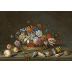 Tulips roses and other flowers in a basket on a table with shells fruit a lizard and a but...