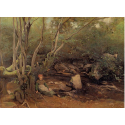 Lormes shepherdess sitting under trees beside a stream