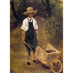 Octave chamouillet pushing a wheelbarrow in a garden