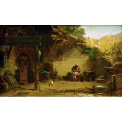 Alter muench vor seiner klause eine gans rupfend