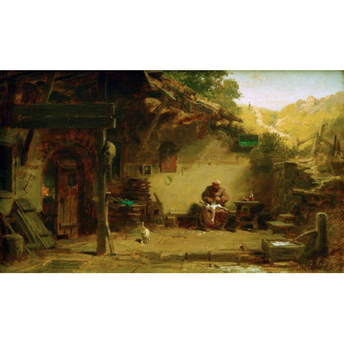 Alter muench vor seiner klause eine gans rupfend