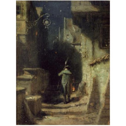 Nachtwachter in einer gasse einer alten stadt um 1875