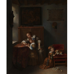 A lady teaching a child to read