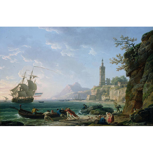 A coastal mediterranean landscape with a dutch merchantman in a bay 1769