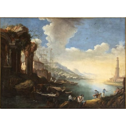 Coastal view with boats fishermen and lighthouse in the background