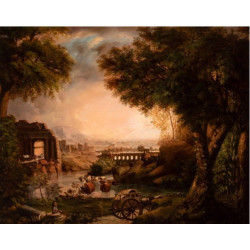 Cows watering in a landscape near an aqueduct