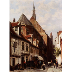 A busy street in bremen with the saint johann church in the background 1864