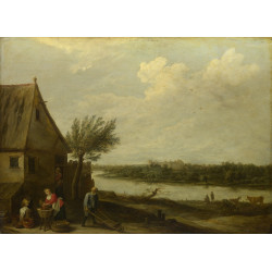 A cottage by a river with a distant view of a castle