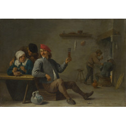 A man holding a glass and an old woman lighting a pipe