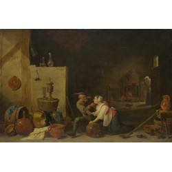 An old peasant caresses a kitchen maid in a stable