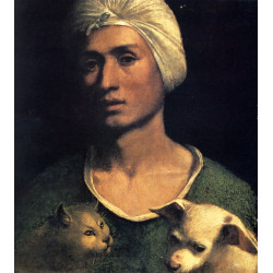 Portrait of a young man with a dog and a cat