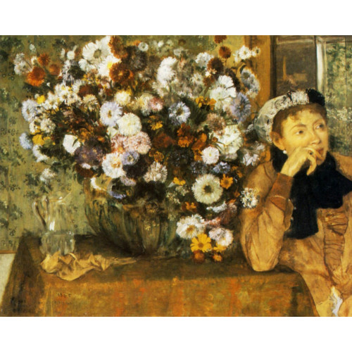 A woman seated beside a vase of flowers 1865